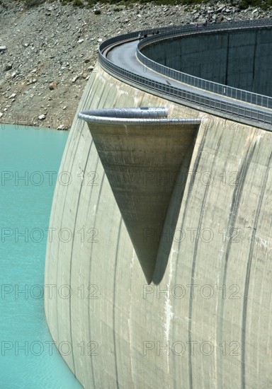 Spillway funnel at the dam wall of the Moiry reservoir, Lac de Moiry, Val d'Anniviers, Valais, Switzerland
