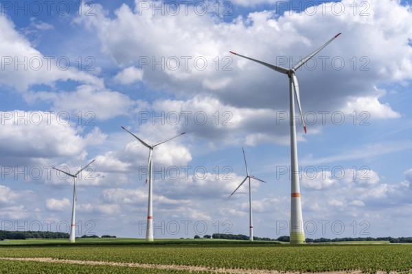 Rheurdt wind farm, south of Ismus, 3 Enercon E-115, behind Enercon E-160 WTGs, wind turbines, North Rhine-Westphalia, Germany