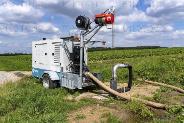 Mobile pump for artificial irrigation with a sprinkler system in a field where sugar beet is grown, the water is pumped from a well, west of Kerken, on the Lower Rhine, North Rhine-Westphalia, Germany