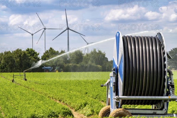 Artificial irrigation with a sprinkler system in a field where carrots are grown, hose reel, wind farm, near Kerken, on the Lower Rhine, North Rhine-Westphalia, Germany