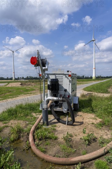 Mobile pump for artificial irrigation with a sprinkler system in a field where sugar beet is grown, the water is pumped from a well, west of Kerken, on the Lower Rhine, North Rhine-Westphalia, Germany