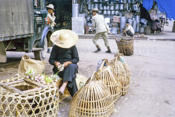 Woman selling chickens in baskets at street market, Tai Po, New Territories, Hong Kong, Asia, 1964
