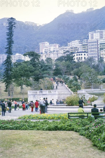 View up to Peak Tram station at Mid Levels, Botanical Gardens, Hong Kong, Asia, 1964