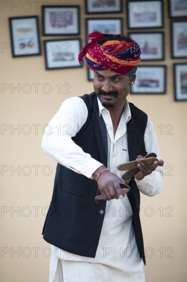 Rajasthani folk musicians with Rajasthani kartals or castanets, Jaisalmer, Rajasthan, India