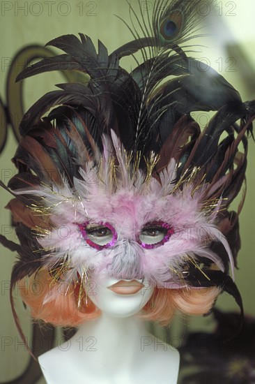 Head of a mannequin with a Venetian mask, Venice, Italy