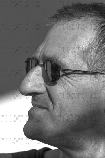 Young man with sunglasses, portrait, black and white, Bavaria, Germany