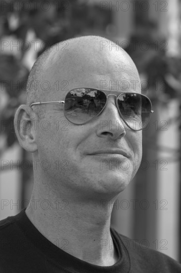 Young man with sunglasses, black and white, Baden-Württemberg, Germany