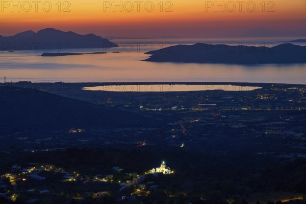 Panoramic picture at sunset with illuminated landscape features and clear perspective, salt lake, Tigaki, nature reserve, hydro biotope, Kos, Dodecanese, Greek Islands, Greece