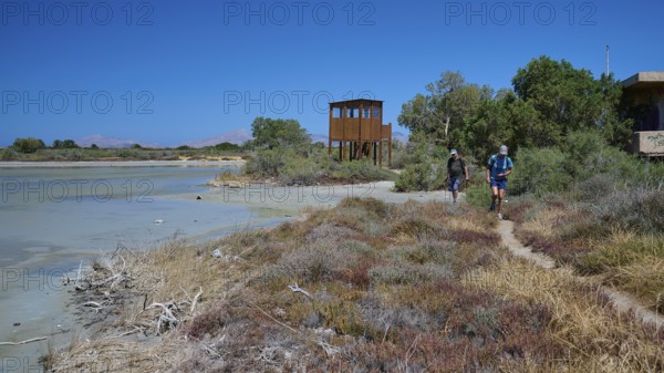 Two hikers on a path next to an observation tower and vegetation, salt lake, Tigaki, nature reserve, hydro biotope, Kos, Dodecanese, Greek Islands, Greece