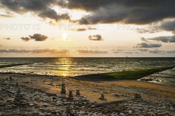 Sunset over beach of WHALE LIGHTHOUSE, Saint-Clement-des-Baleines, Atlantic, France