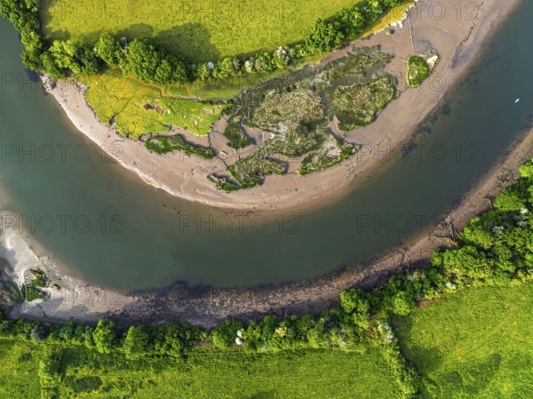 Top Down over Marshes over River Dart from a drone, Stoke Gabriel, Totnes, Devon, England, United Kingdom
