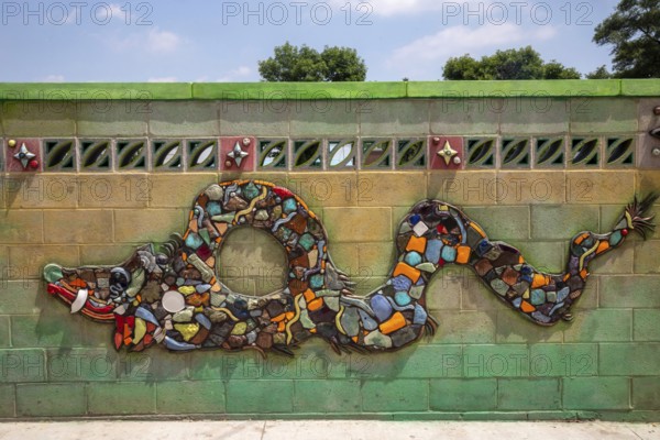 Detroit, Michigan - The city of Detroit is opening nine 'Arts Alleys' in neighborhoods around the city. Ceramic art on the Bagley Arts Alley in the Mexican-American community is by artist Vito J. Valdez