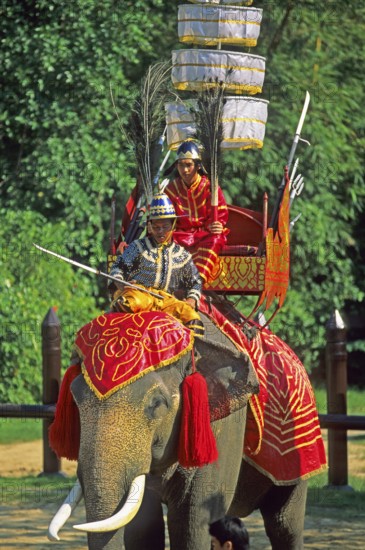 Decorated war elephant at Samphran Elephant Ground and Zoo near Bangkok, Thailand, December 2002, vintage, retro, old, historic
