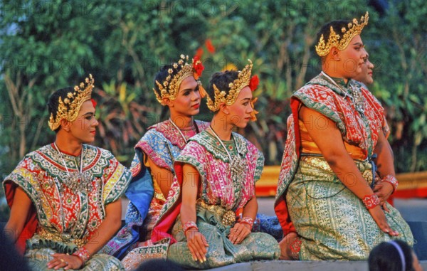 Young actors watch a Thai drama performance in Bangkok, Thailand, December 2002, vintage, retro, old, historic