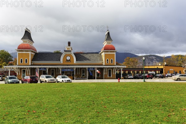 North Conway railway station, unique Russian Victorian building style, terminus for the Conway Scenic Railroad, North Conway, White Mountain, New Hampshire, New England, USA