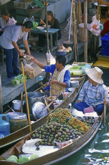 Food stalls at Damnoen Saduak floating market, Thailand, December 2002, vintage, retro, old, historic