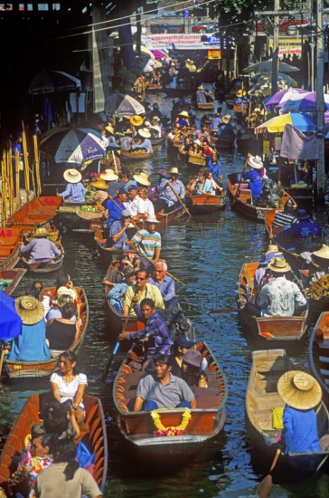 Boats with tourists on the Damnoen Saduak floating market, Thailand, December 2002, vintage, retro, old, historic