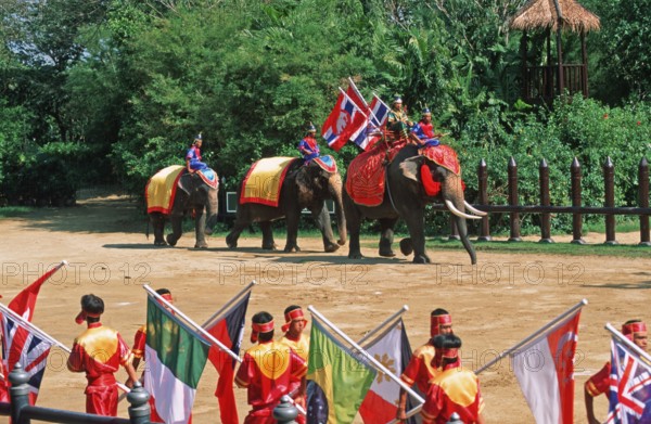 Performance with elephants at Samphran Elephant Ground and Zoo near Bangkok, Thailand, December 2002, vintage, retro, old, historic