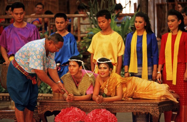 Performance of a traditional wedding ceremony at Rose Garden near Bangkok, Thailand, December 2002, vintage, retro, old, historic