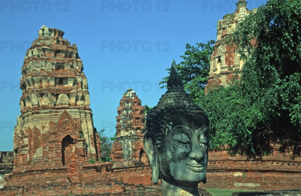 Chedis, Buddha head, Wat Mahatat, Ayutthaya, Thailand, December 2002, vintage, retro, old, historic