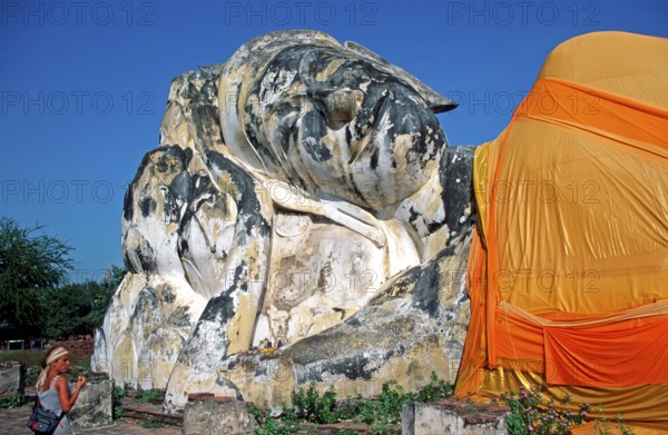 Tourist, statue of reclining Buddha, Ayutthaya, Thailand, December 2002, vintage, retro, old, historic
