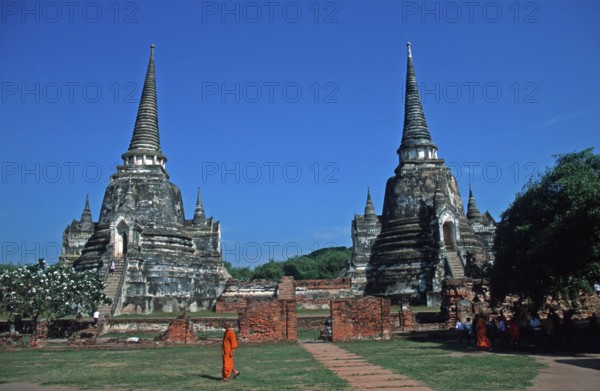 Monks, Chedis at Wat Phra Si Sanphet, Ayutthaya, Thailand, December 2002, vintage, retro, old, historic