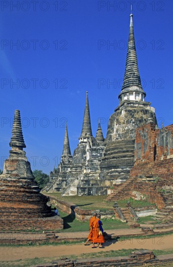 Monks, Chedis at Wat Phra Si Sanphet, Ayutthaya, Thailand, December 2002, vintage, retro, old, historic