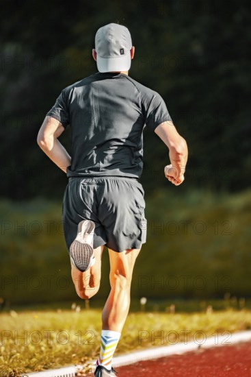 Man in grey running clothes on a red track, looking back, triathlon, Calw, Germany