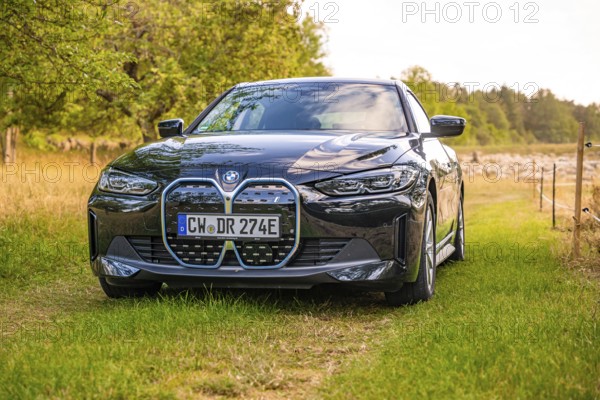 Front view of a black electric car on a green field, surrounded by summer nature, BMW i7 electric car, Deer e-Carsharing, Calw, Germany