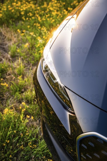 Close-up view of a shiny car with sun reflections on the body in the meadow, BMW i7 electric car, Deer e-Carsharing, Calw, Germany