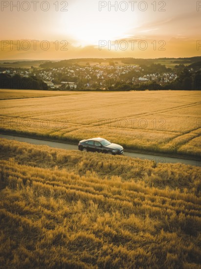 Extensive landscape view of a car on a road through a cornfield at sunset, BMW i7 electric car, deer e-car sharing, Calw, Germany