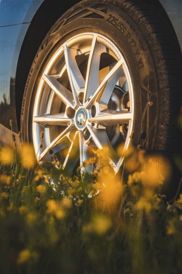 Car rim in focus, framed by yellow flowers, BMW i7 electric car, Deer e-Carsharing, Calw, Germany