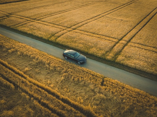 Black car driving on a road between golden fields, geometric lines visible in soft light, BMW i7 electric car, Deer e-Carsharing, Calw, Germany