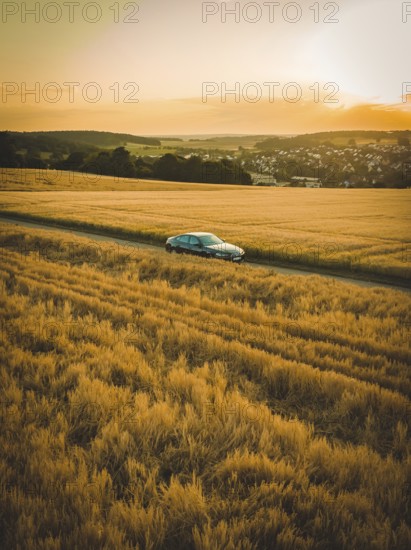 In vast, golden fields during twilight, a car drives through peaceful countryside, BMW i7 electric car, deer e-car sharing, Calw, Germany
