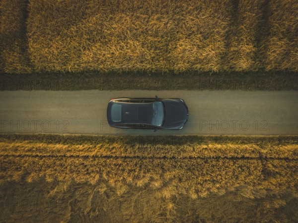 Aerial view of a car on a path between golden fields at sunset, BMW i7 electric car, Deer e-Carsharing, Calw, Germany