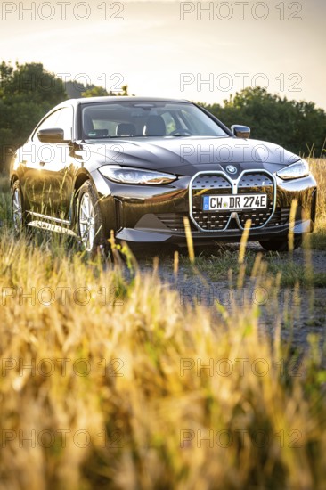 A black car in the golden light of sunset in front of a field, BMW i7 electric car, Deer E- Carsharing, Calw, Germany