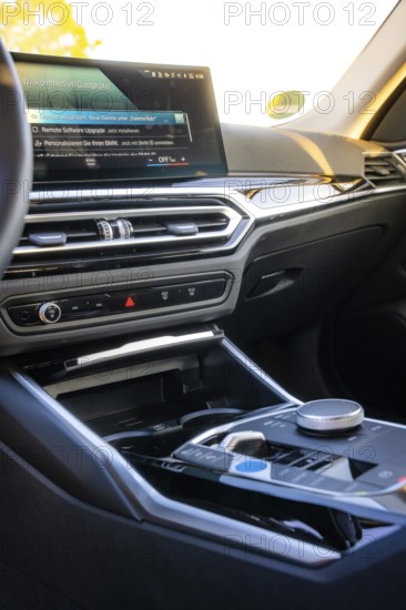 Detailed view of a modern car interior with display and steering wheel, BMW i7 electric car, Deer e-Carsharing, Calw, Germany