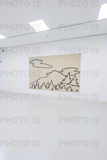 A simple work of art with a mountain motif hangs in a gallery wall, Schauwerk, Sindelfingen, Germany