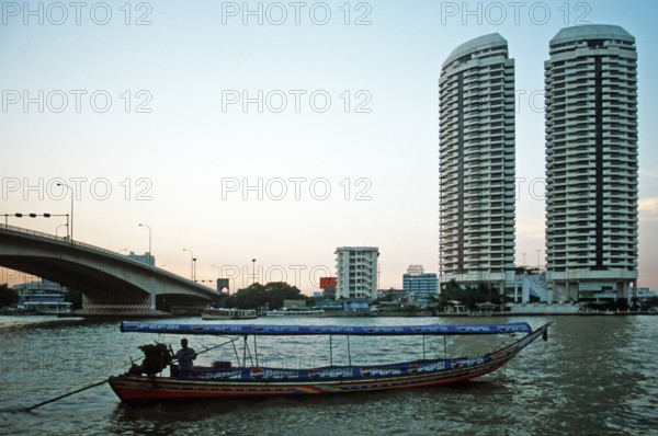 Skyscrapers, longtail boat, Chao Phraya River, Bangkok, Thailand, December 2002, vintage, retro, old, historic