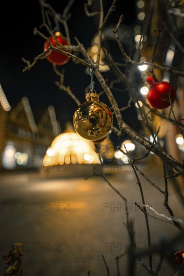 Christmas shot with balls on a branch, blurred background with brightly lit fountain, Calw, Black Forest, Germany