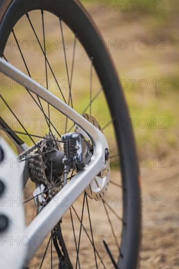Close-up of the rear pane of a bicycle with focus on the spokes and brake disc, Triathlon, Calw, Germany