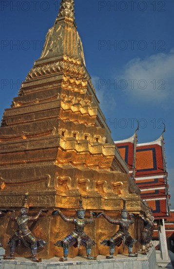 Chedi, mythical creatures, statues at Wat Phra Kaeo, Bangkok, Thailand, December 2002, vintage, retro, old, historic