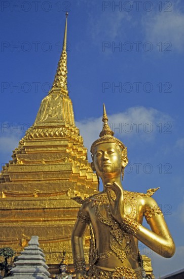 Chedi, mythical creature Kinnari at Wat Phra Kaeo in Bangkok, Thailand, December 2002, vintage, retro, old, historic