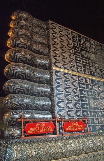 Feet, reclining Buddha in Wat Pho, Bangkok, Thailand, December 2002, vintage, retro, old, historic