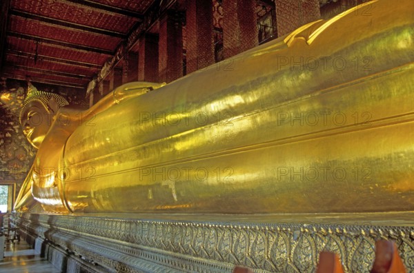 Reclining Buddha in Wat Pho, Bangkok, Thailand, December 2002, vintage, retro, old, historic