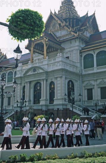 Changing of the Guard, Chakri Maha Prasat Hall, Grand Palace, Bangkok, Thailand, December 2002, vintage, retro, old, historic