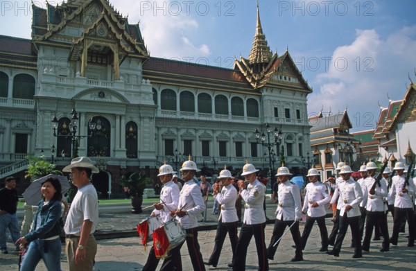 Changing of the Guard, Chakri Maha Prasat Hall, Grand Palace, Bangkok, Thailand, December 2002, vintage, retro, old, historic