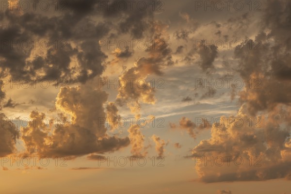 A brilliant sunset casts warm colors across a cheerful meadow. Dark clouds dominate the sky, while golden light penetrates and creates a dramatic and peaceful atmosphere. Bas Rhin, Alsace, France