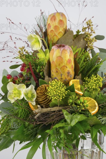 Detailed close-up of a floral arrangement with protea, Christmas rose and berries, exotically lively