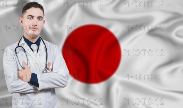 Portrait of medical professional on Japan flag background. Japanese national health system